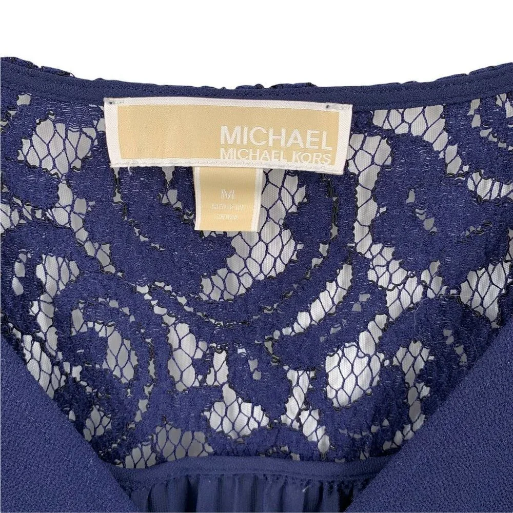Michael Kors Navy Blue Crepe and Lace Pleated Back Short Sleeve Top Size Medium